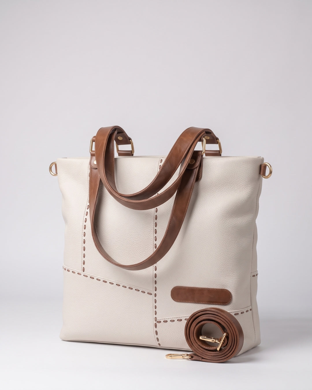 Contrast-Stitch White Tote Bag