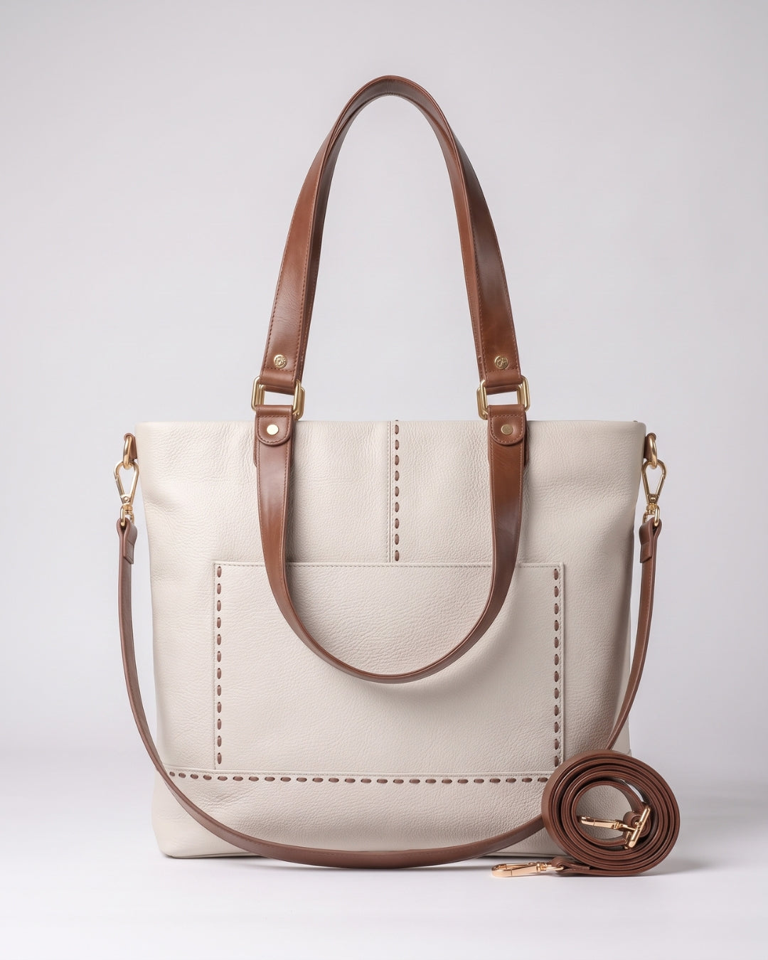 Contrast-Stitch White Tote Bag