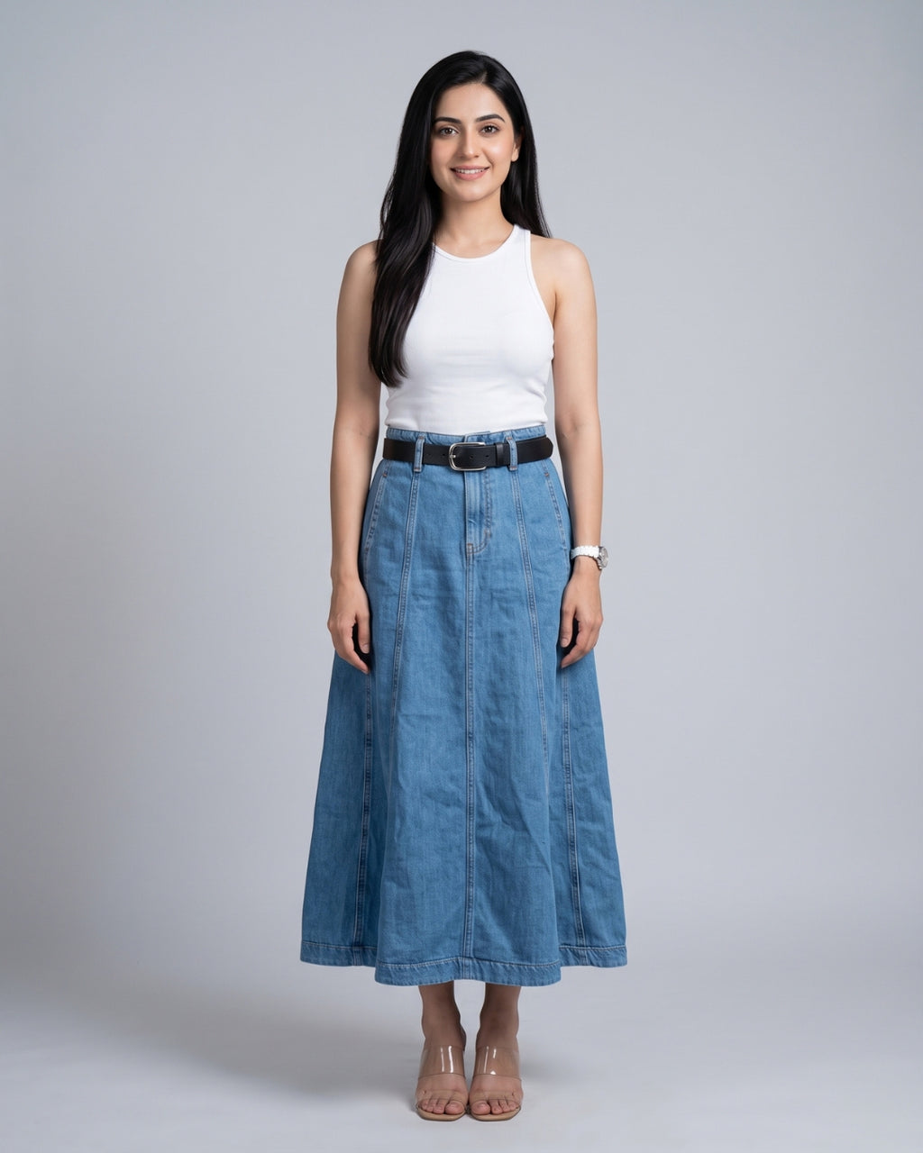 High-Waisted A-Line Denim Long Skirt