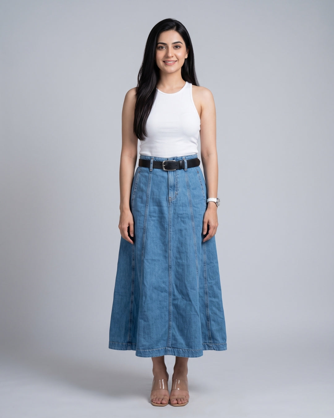 High-Waisted A-Line Denim Long Skirt