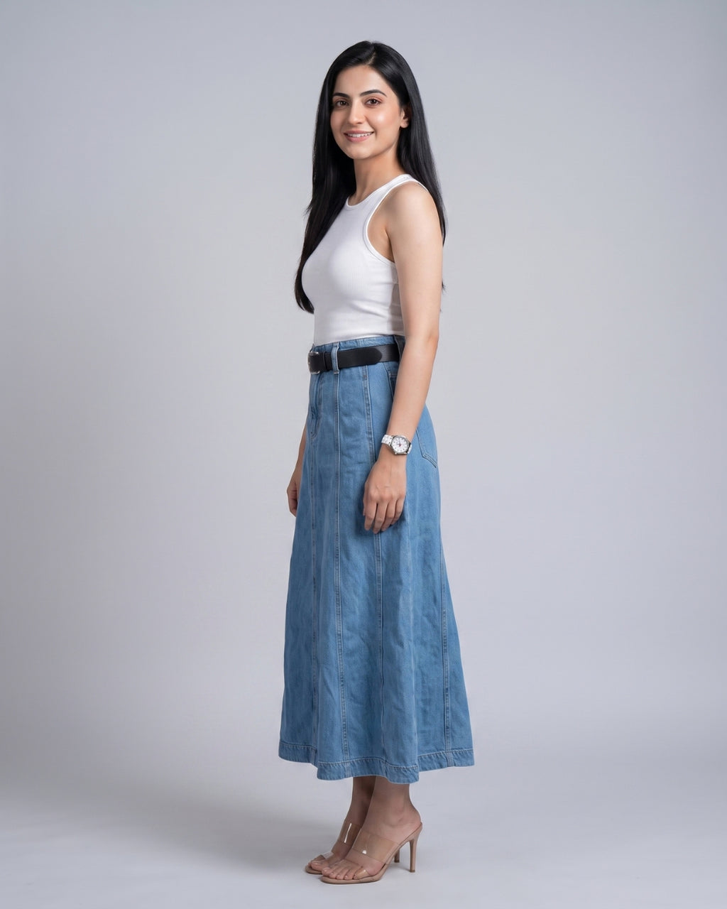 High-Waisted A-Line Denim Long Skirt