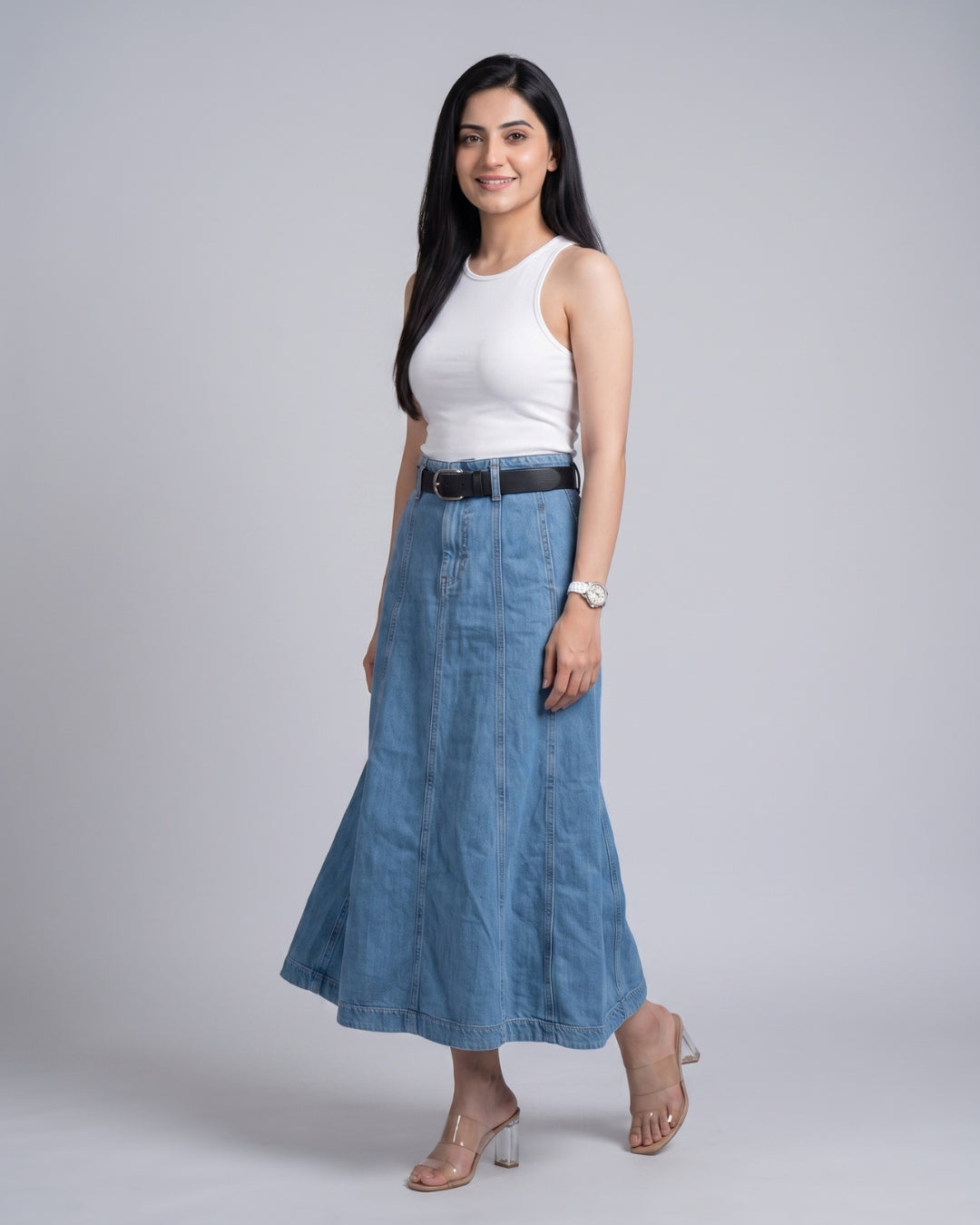 High-Waisted A-Line Denim Long Skirt