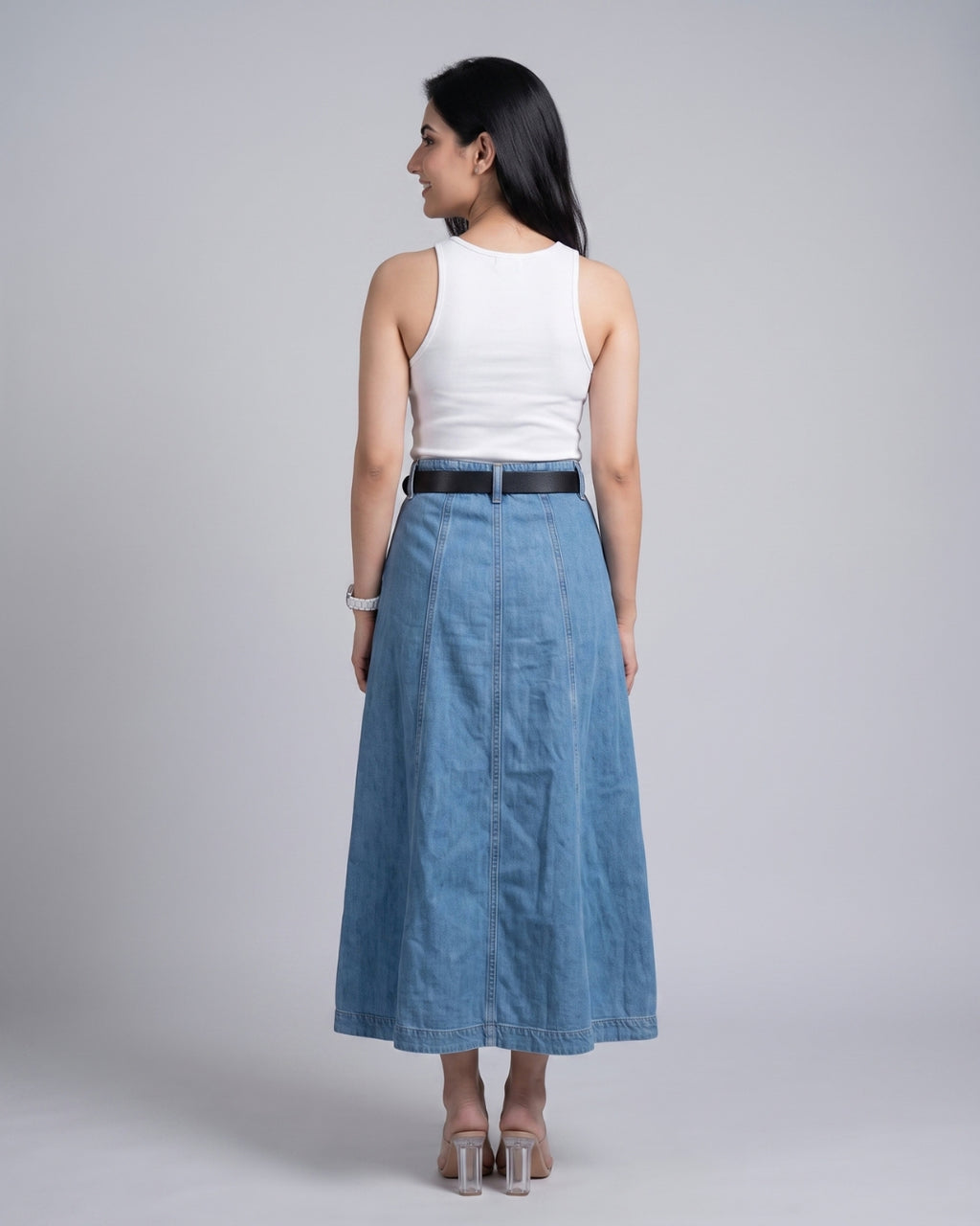 High-Waisted A-Line Denim Long Skirt