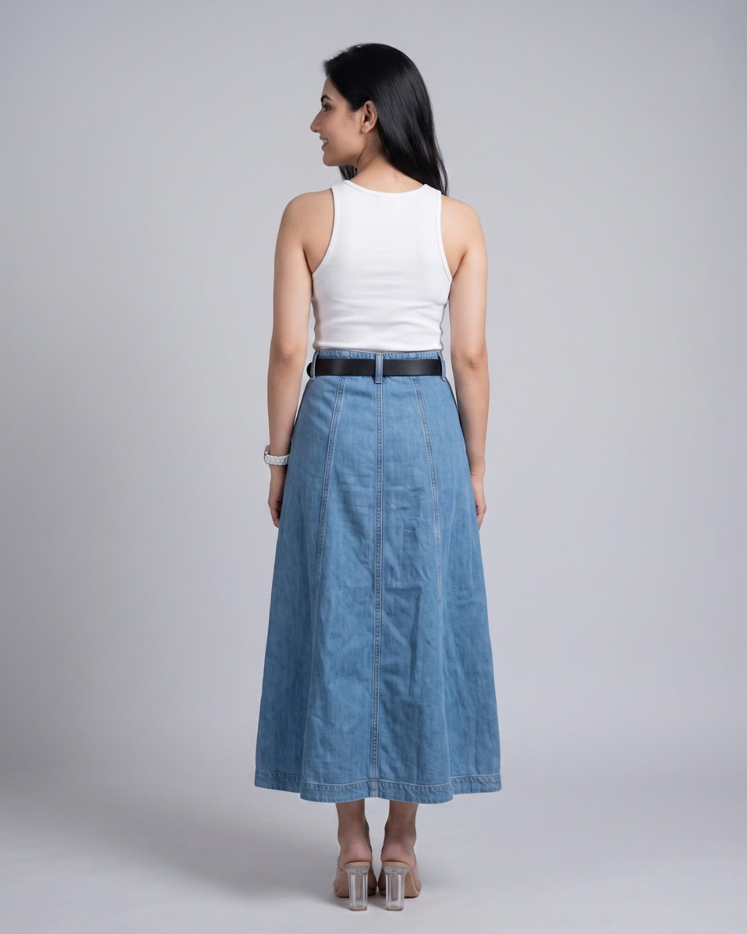 High-Waisted A-Line Denim Long Skirt