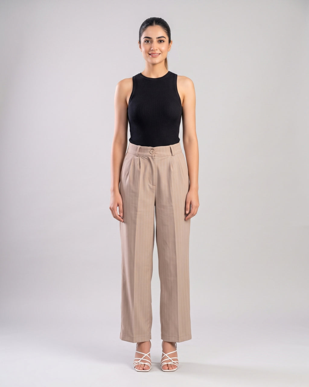 Beige Pinstripe Pleated Trousers