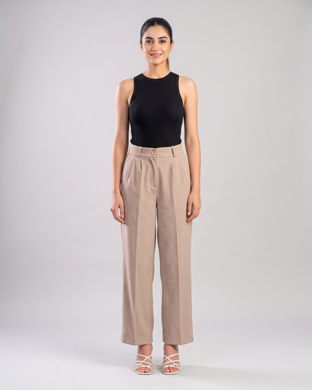 Beige Pinstripe Pleated Trousers
