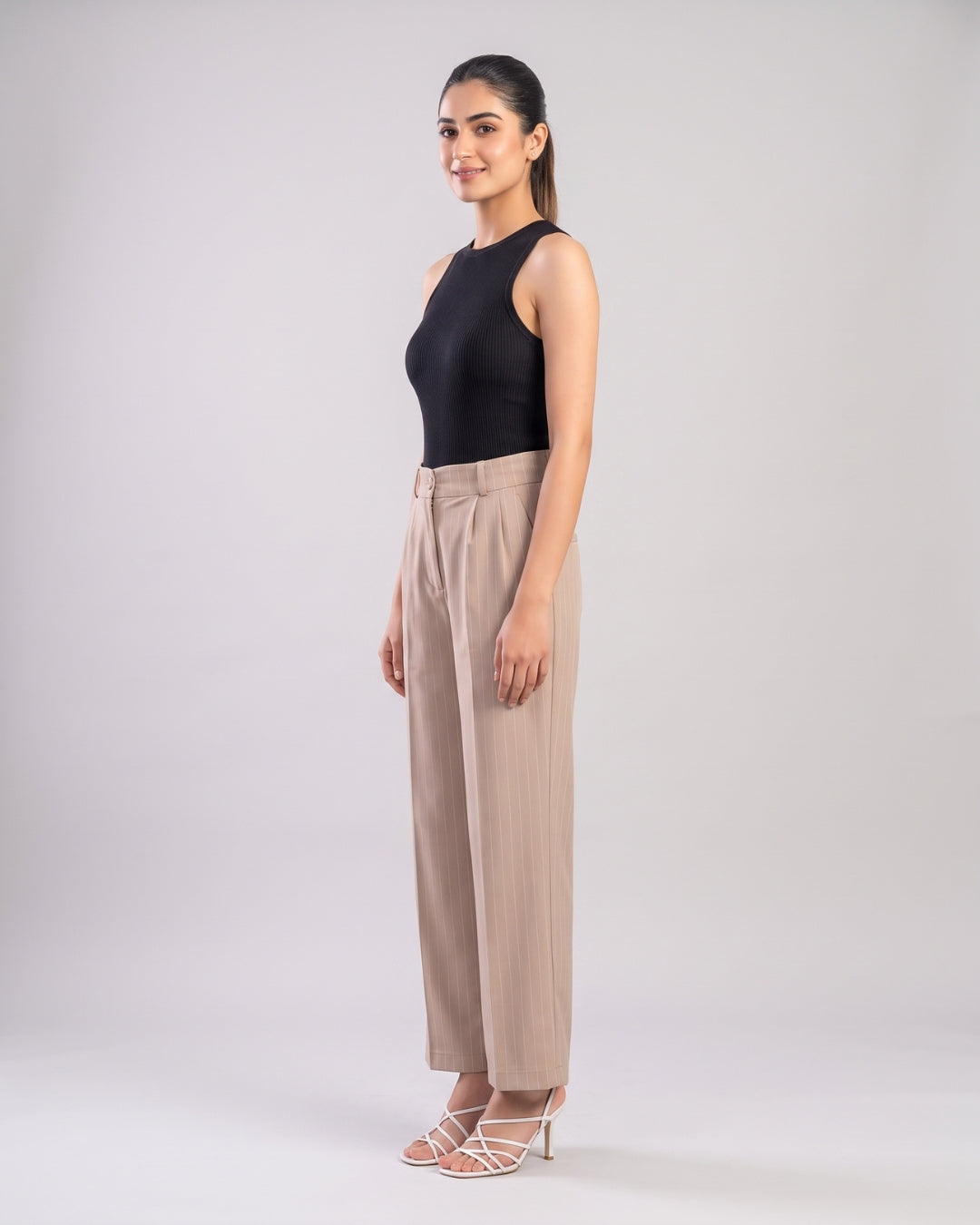 Beige Pinstripe Pleated Trousers