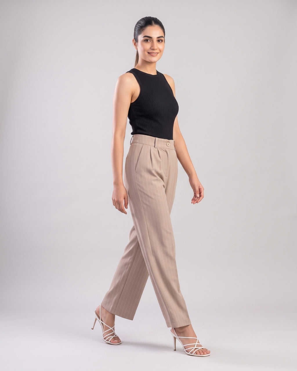 Beige Pinstripe Pleated Trousers