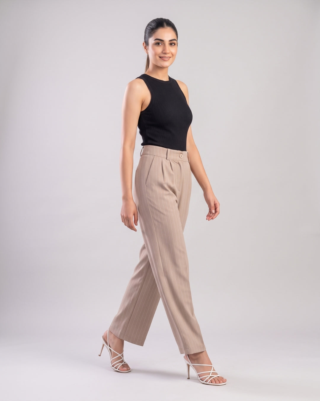 Beige Pinstripe Pleated Trousers