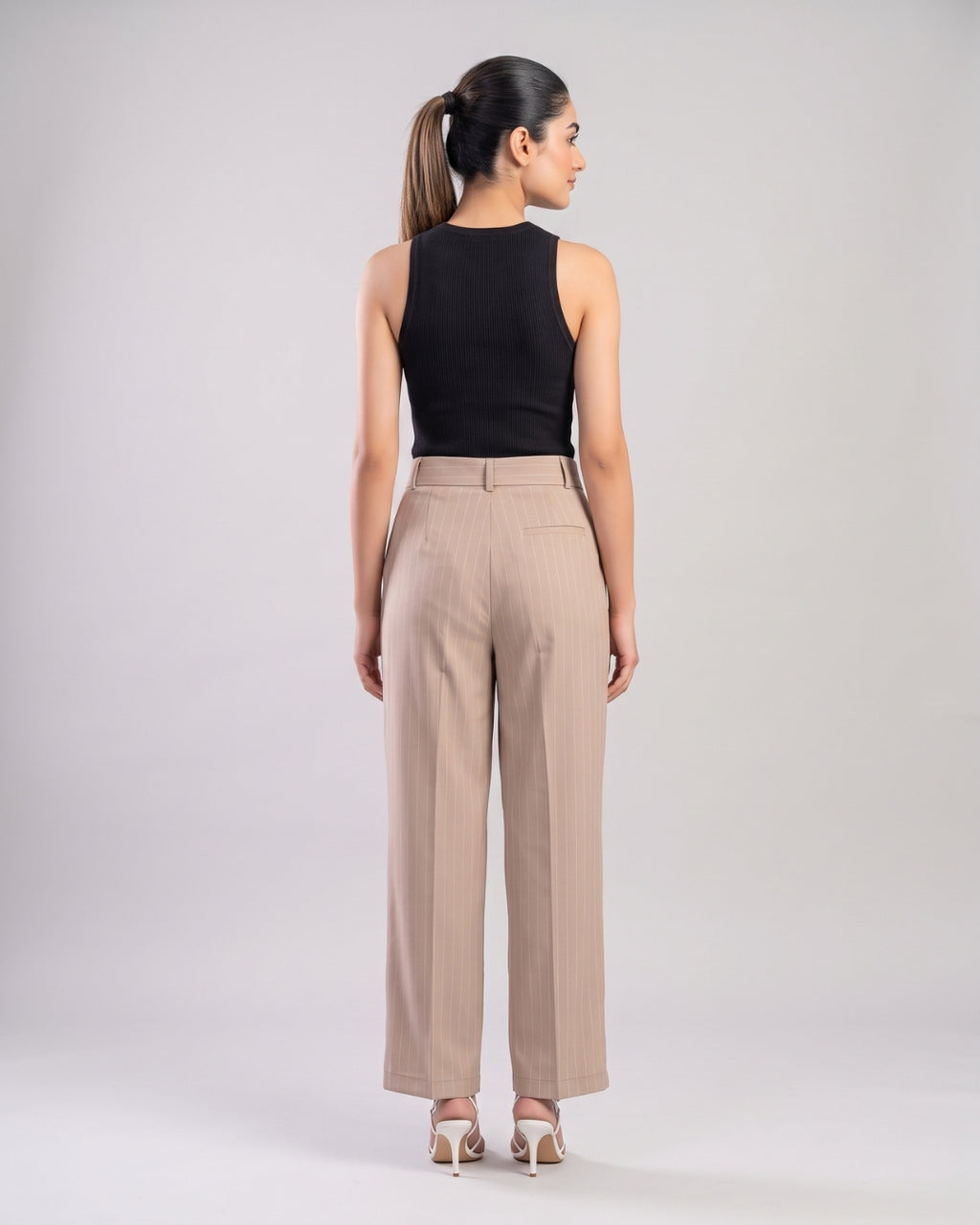 Beige Pinstripe Pleated Trousers