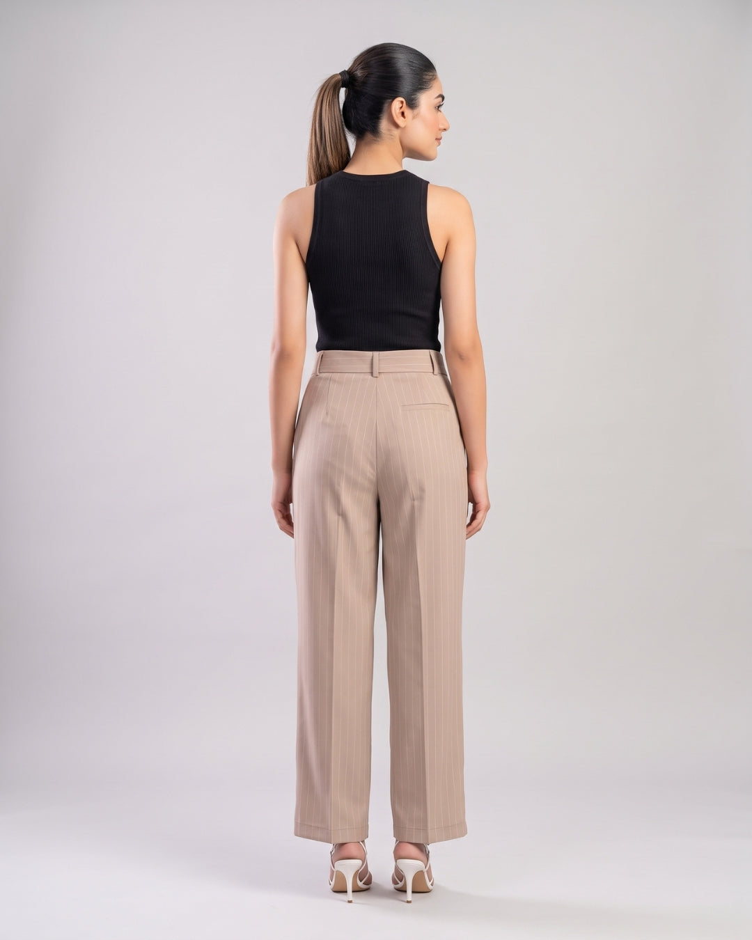 Beige Pinstripe Pleated Trousers