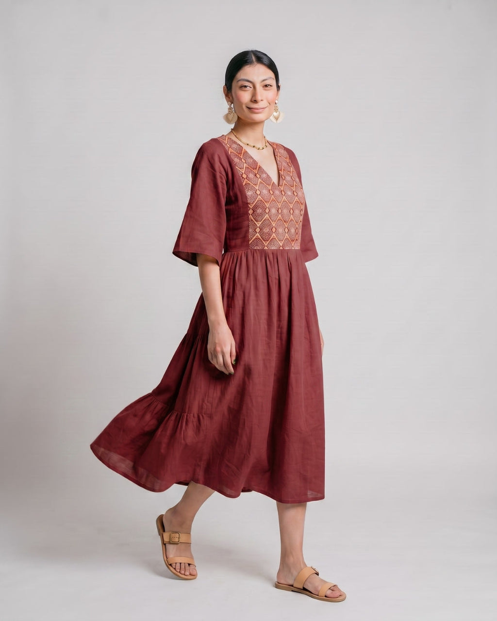 Ochre Bell-Sleeve Flowy Dress