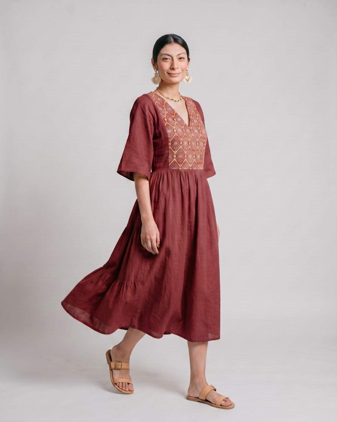 Ochre Bell-Sleeve Flowy Dress