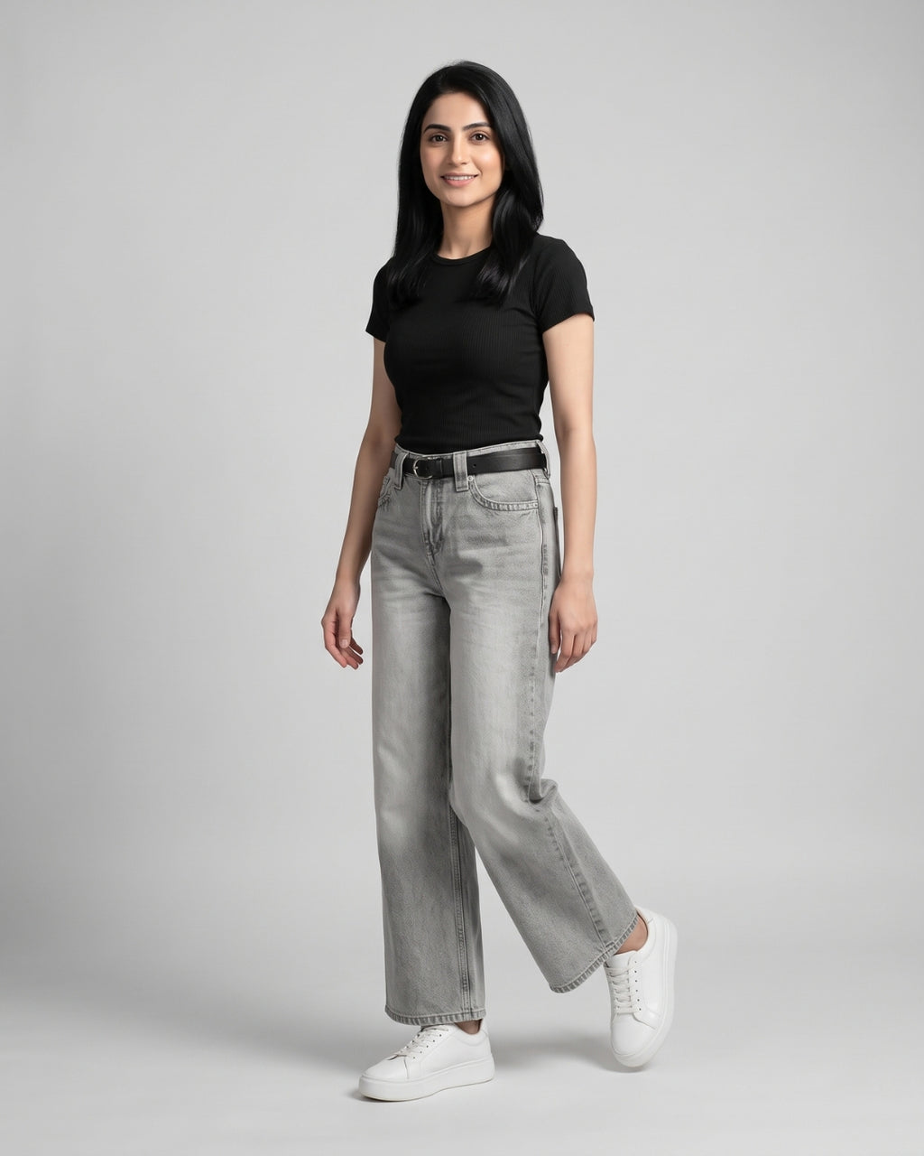 High-Waisted Grey Wide-Leg Jeans