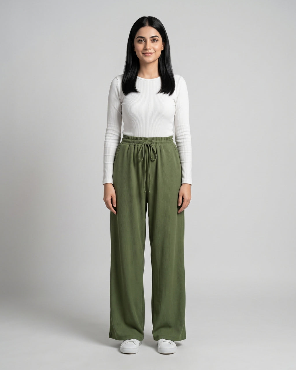 Olive Green Ribbed Wide-Leg Trousers