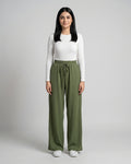 Olive Green Ribbed Wide-Leg Trousers