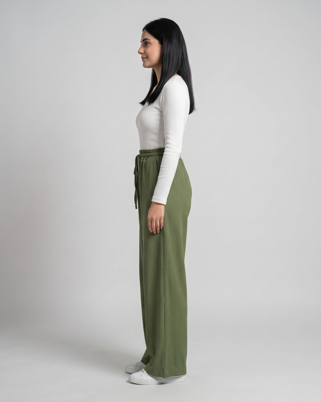 Olive Green Ribbed Wide-Leg Trousers