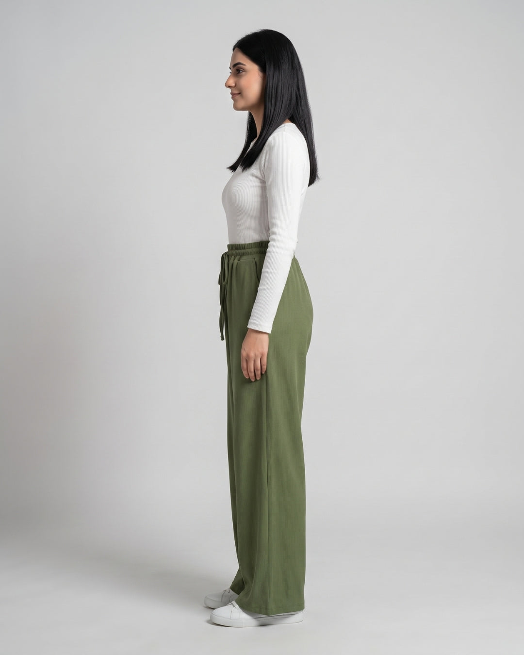 Olive Green Ribbed Wide-Leg Trousers