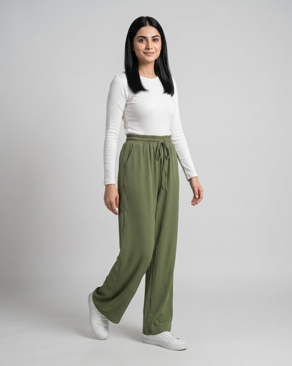 Olive Green Ribbed Wide-Leg Trousers