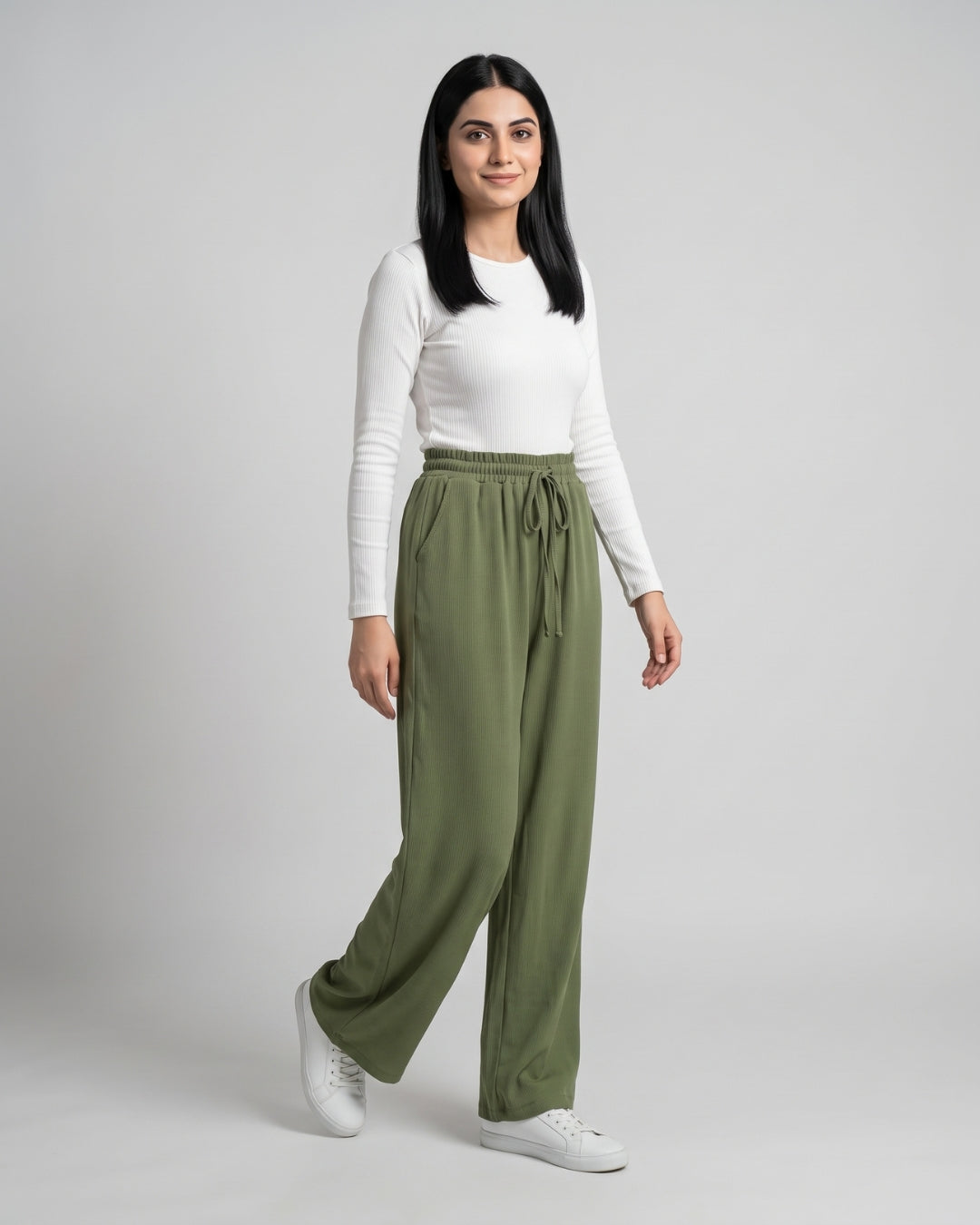 Olive Green Ribbed Wide-Leg Trousers