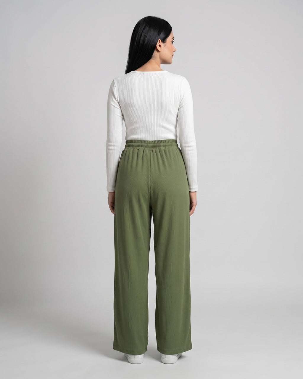 Olive Green Ribbed Wide-Leg Trousers