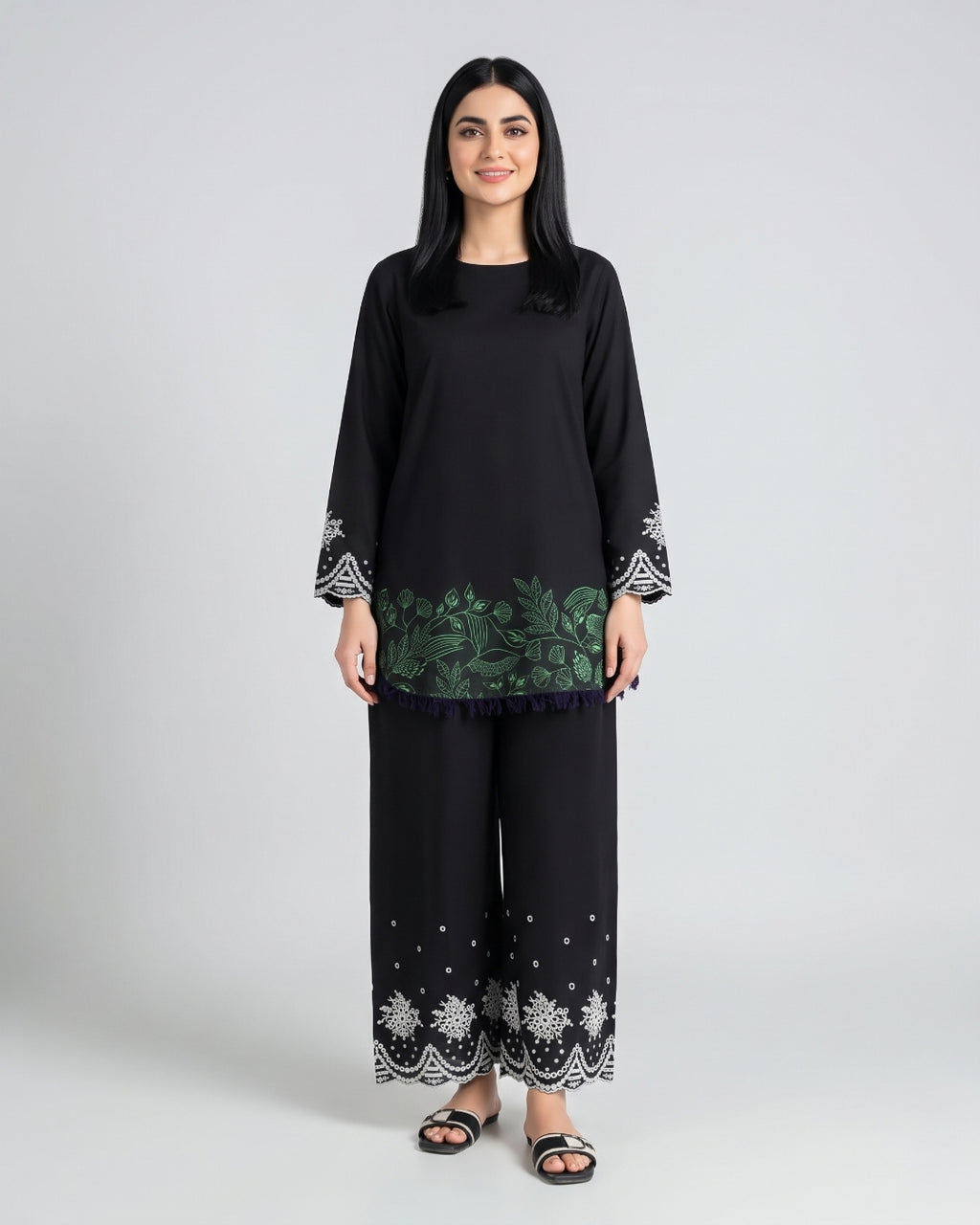 Black Embroidered Wide-Leg Trousers