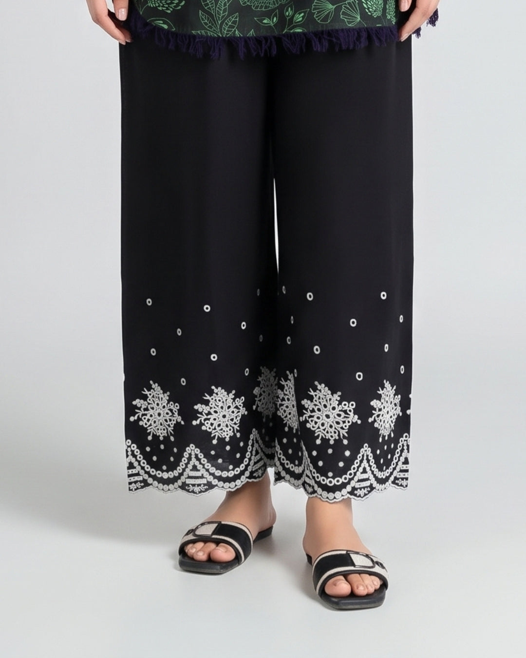 Black Embroidered Wide-Leg Trousers