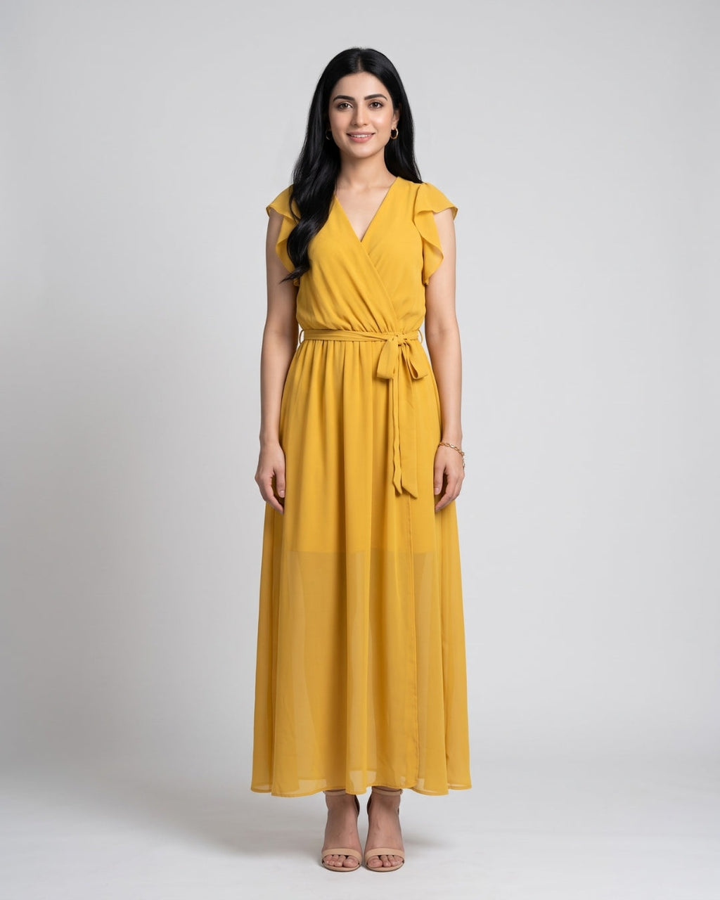 Chiffon Flutter-Sleeve Maxi Dress
