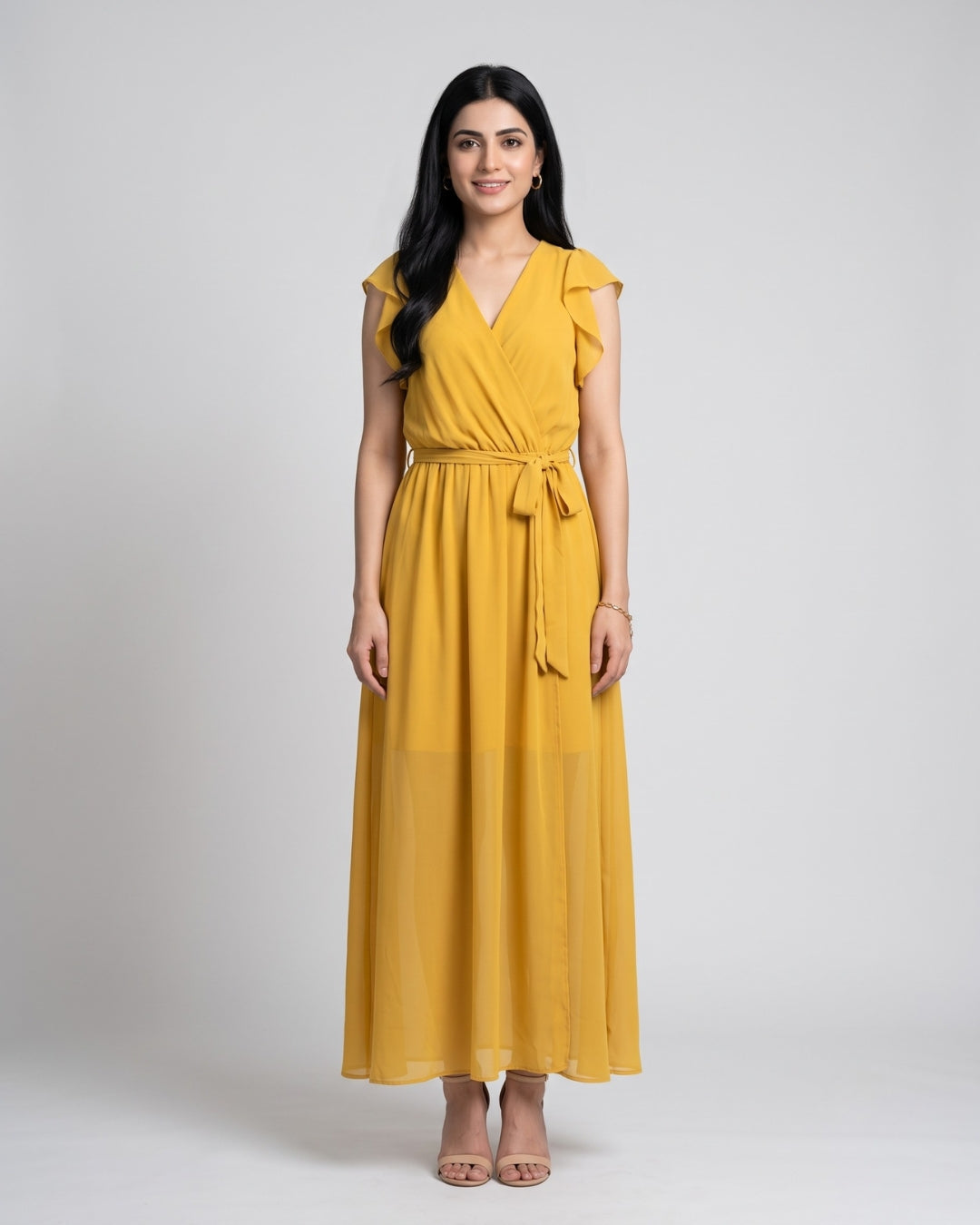 Chiffon Flutter-Sleeve Maxi Dress