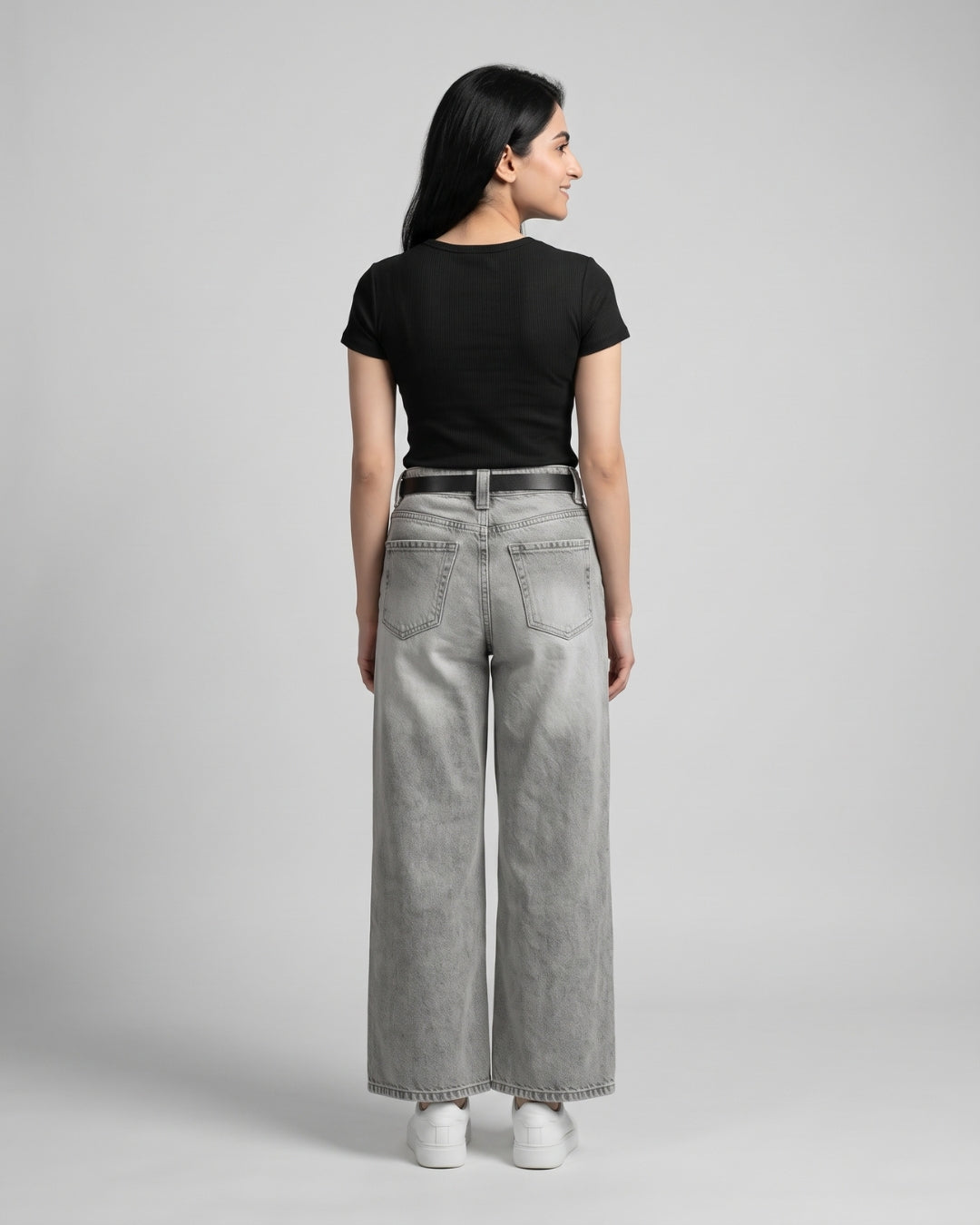 High-Waisted Grey Wide-Leg Jeans
