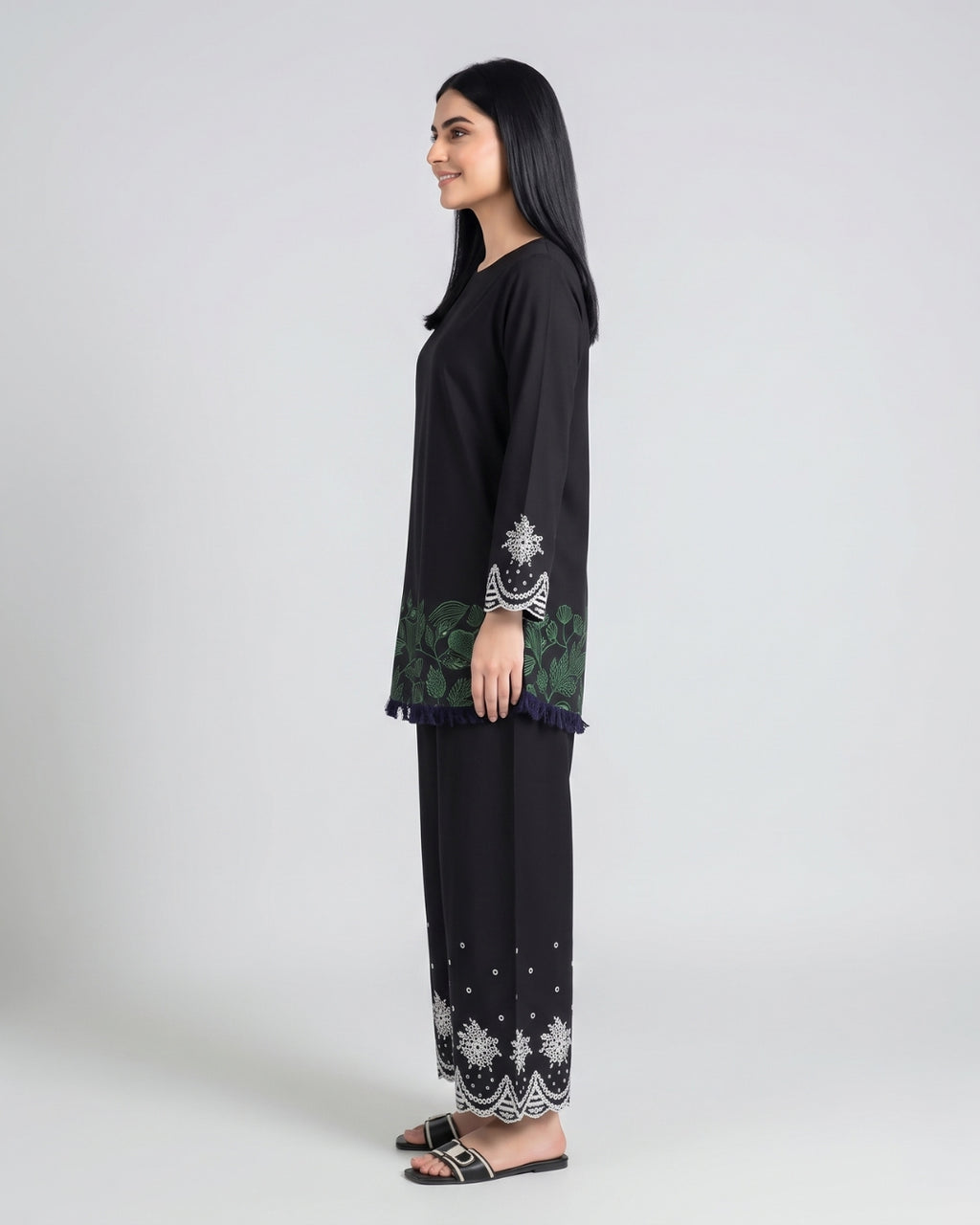 Black Embroidered Wide-Leg Trousers