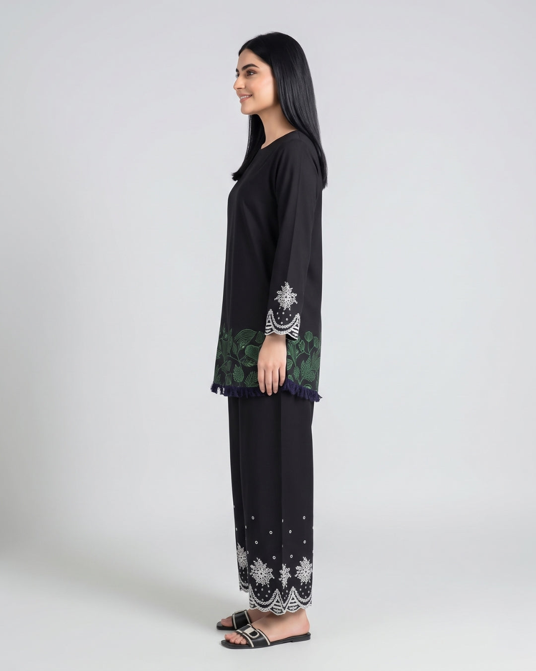 Black Embroidered Wide-Leg Trousers