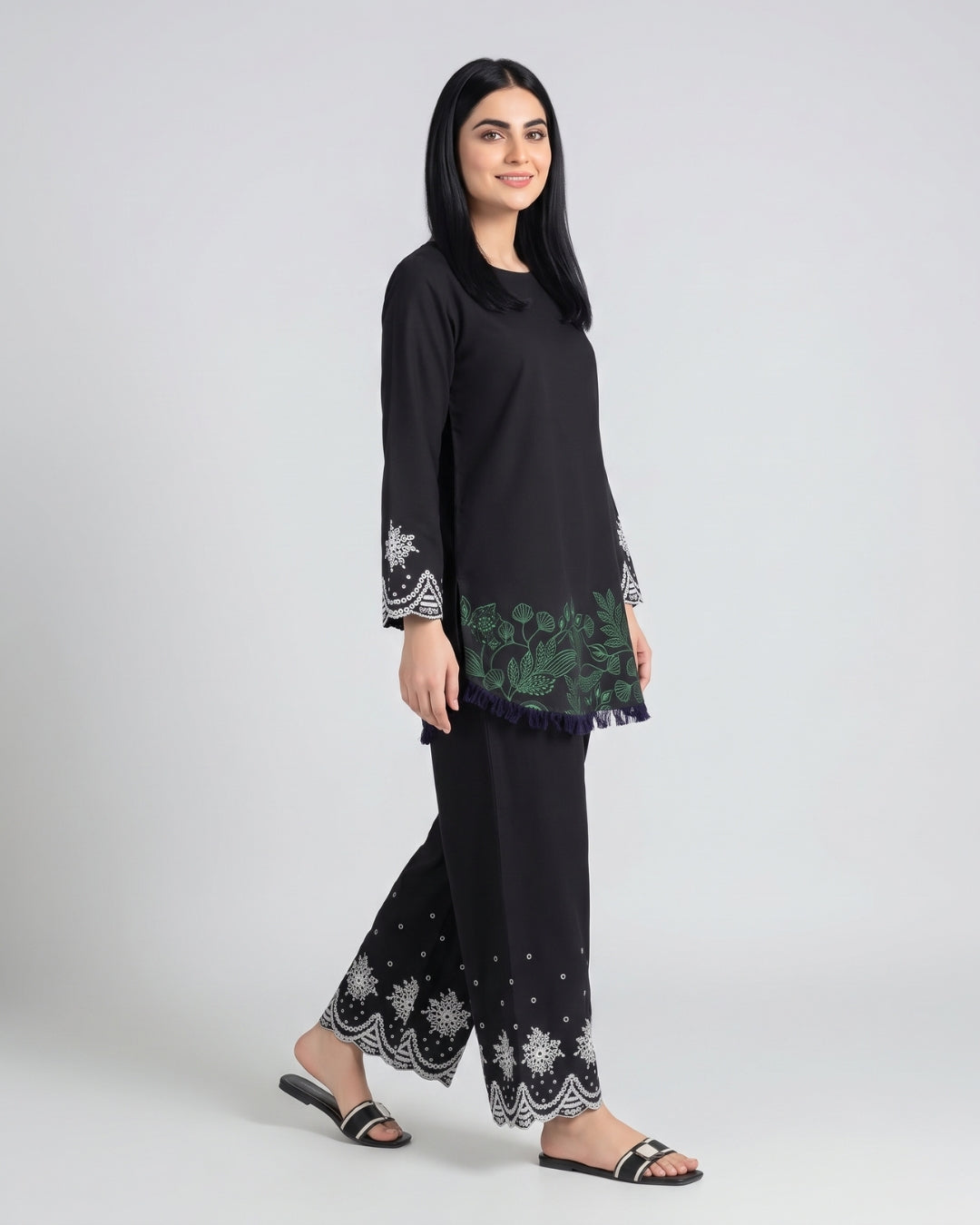 Black Embroidered Wide-Leg Trousers