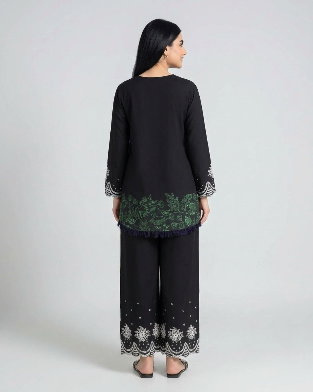 Black Embroidered Wide-Leg Trousers