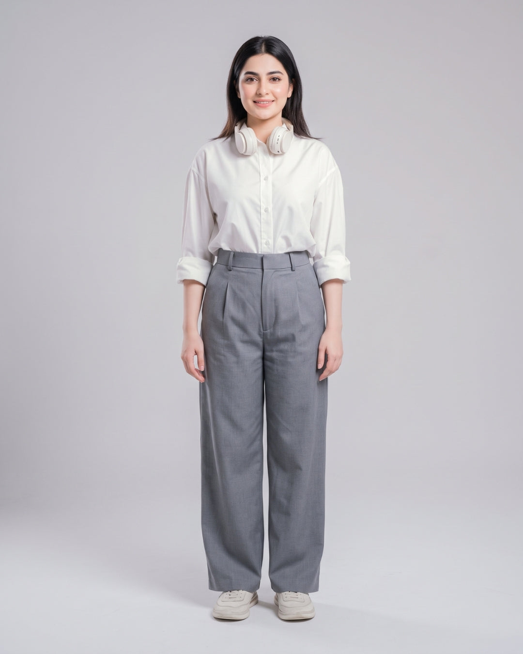 Grey High-Waisted Pleated Trousers