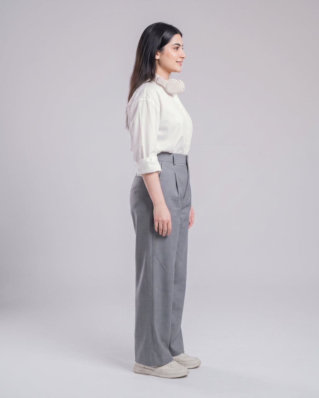 Grey High-Waisted Pleated Trousers