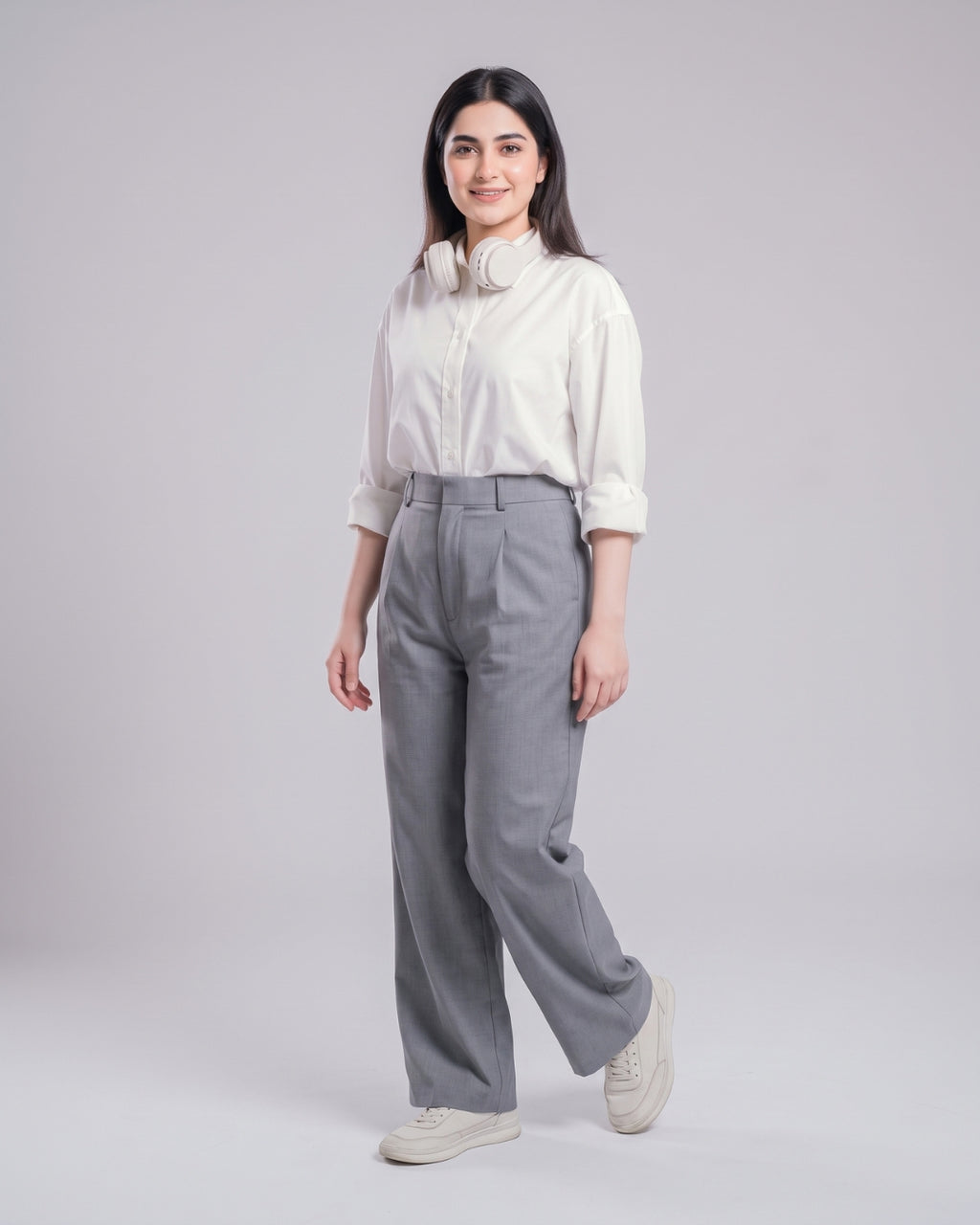 Grey High-Waisted Pleated Trousers