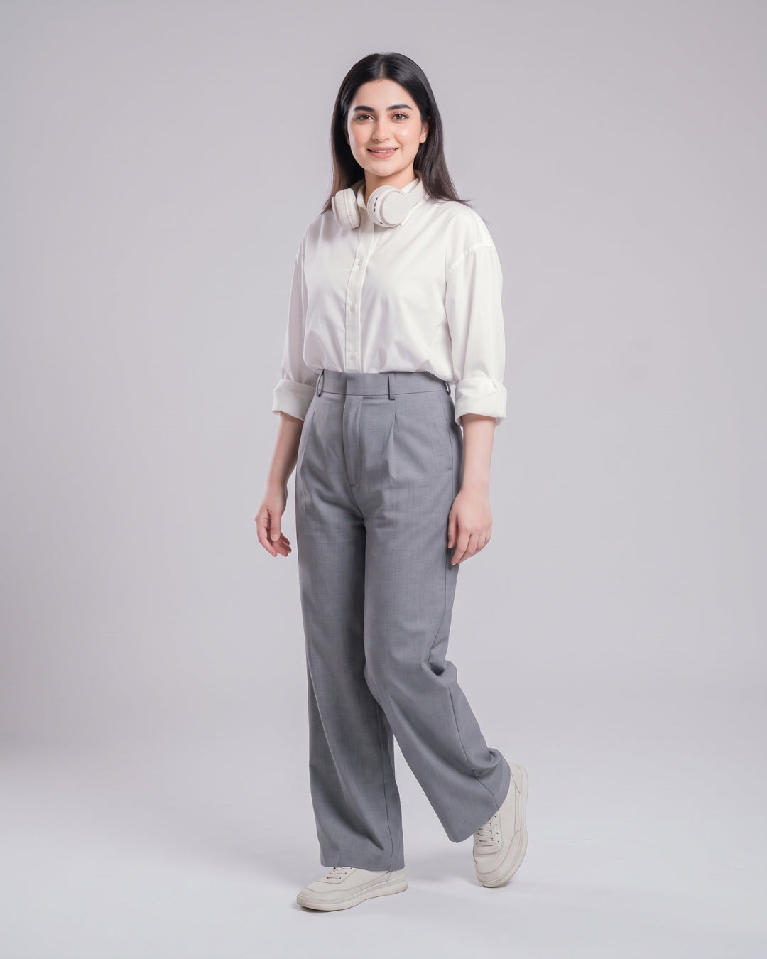 Grey High-Waisted Pleated Trousers