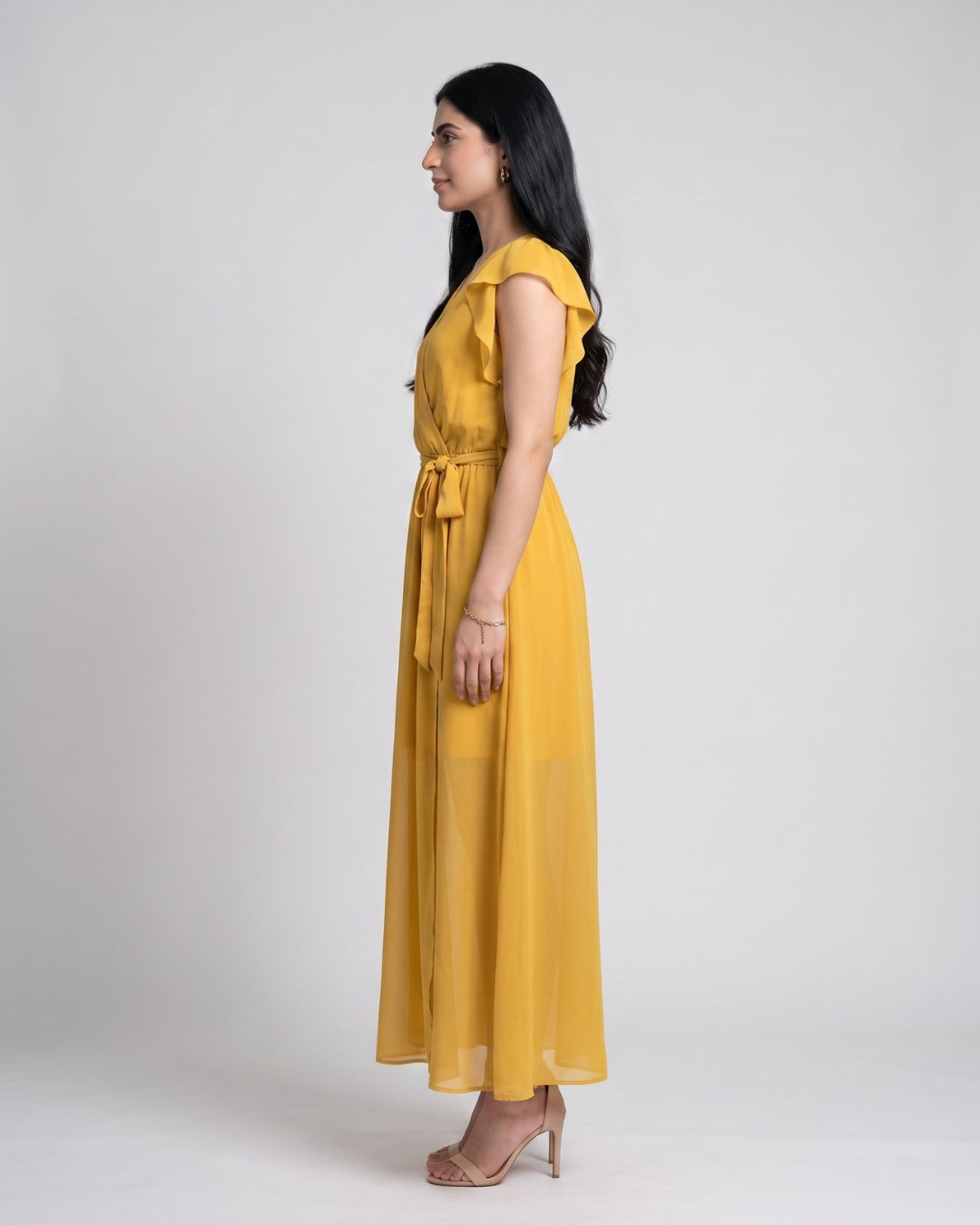 Chiffon Flutter-Sleeve Maxi Dress