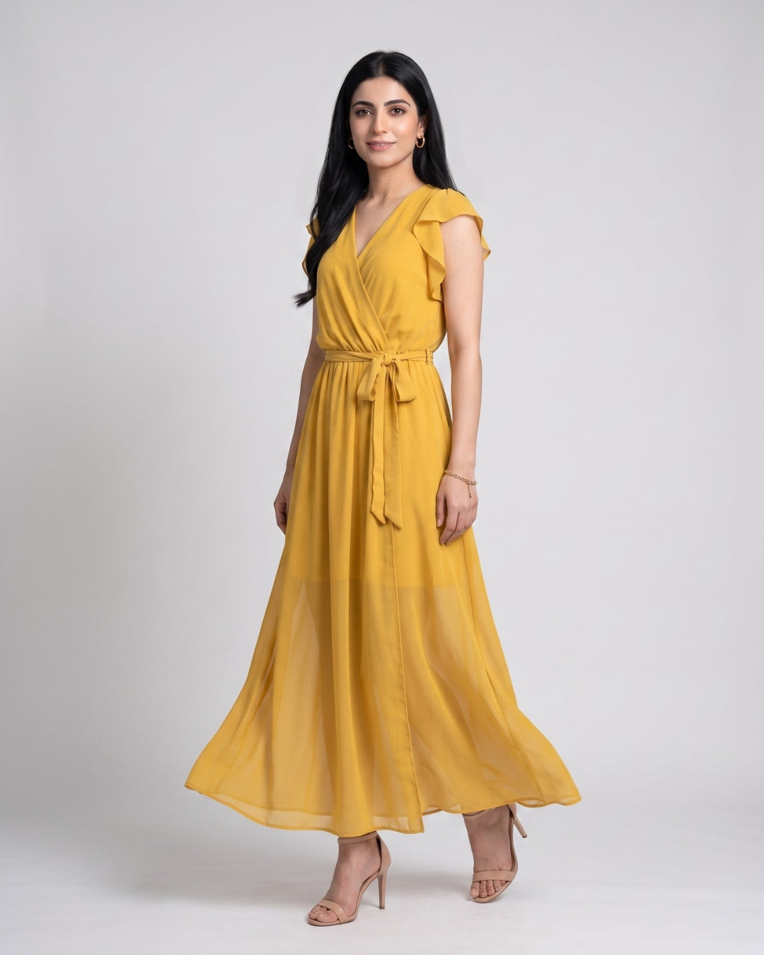 Chiffon Flutter-Sleeve Maxi Dress