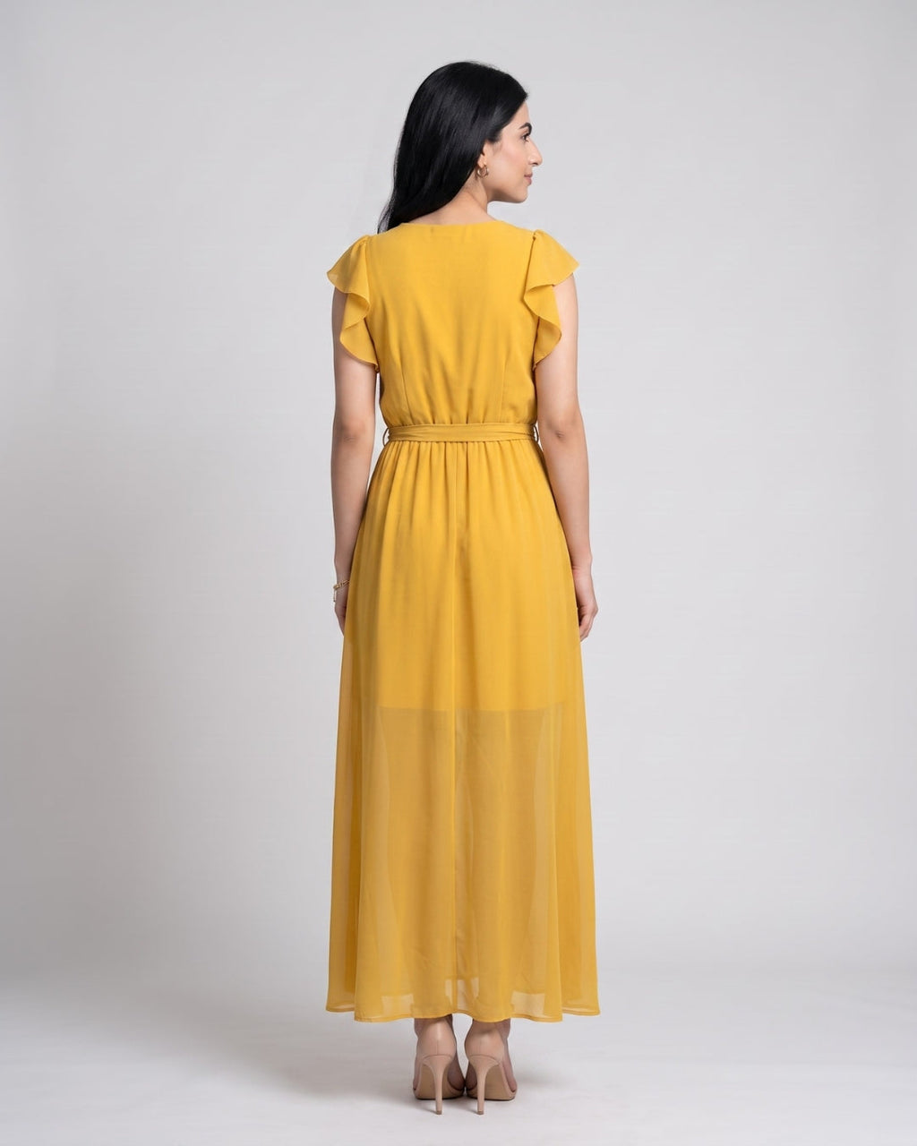 Chiffon Flutter-Sleeve Maxi Dress
