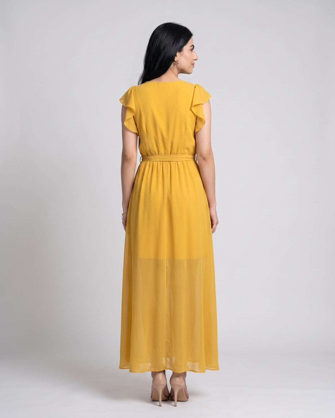 Chiffon Flutter-Sleeve Maxi Dress