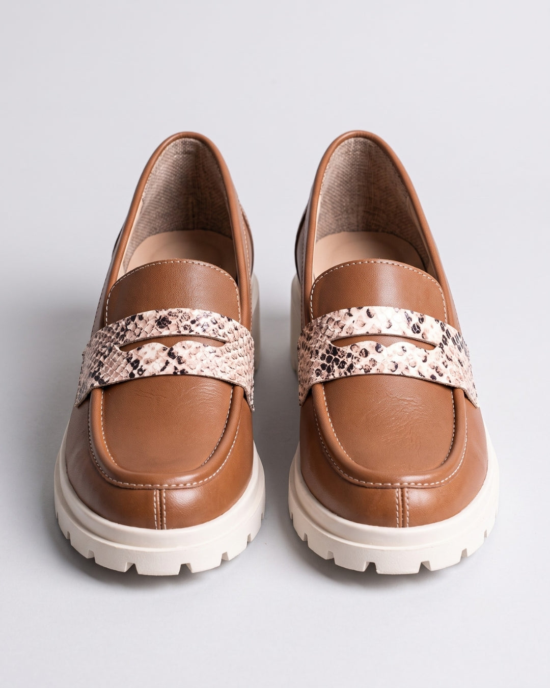 Tan Chunky Snake-Trim Loafers