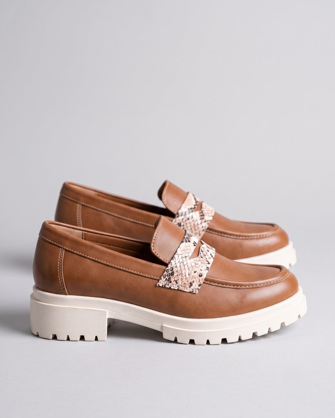 Tan Chunky Snake-Trim Loafers