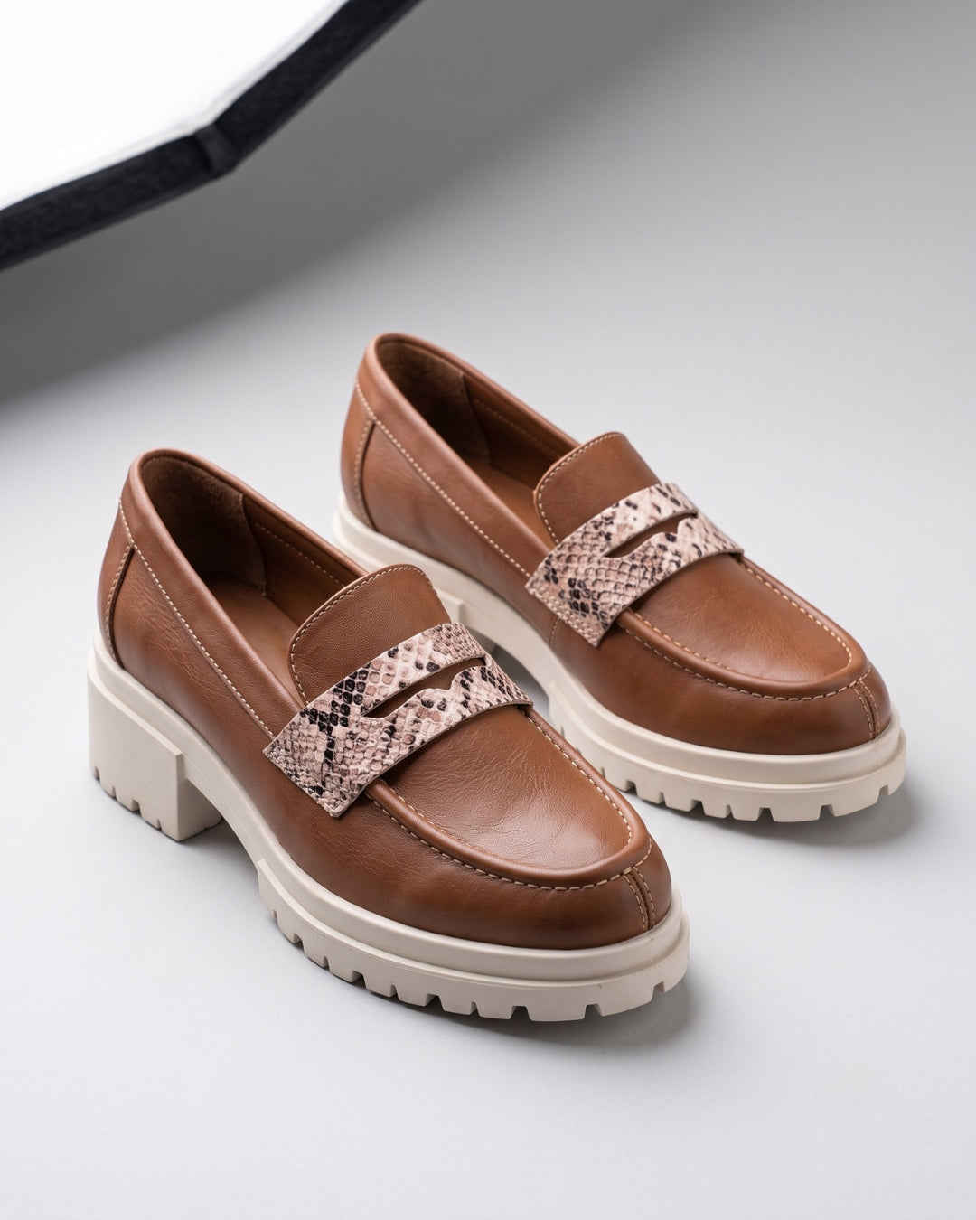 Tan Chunky Snake-Trim Loafers
