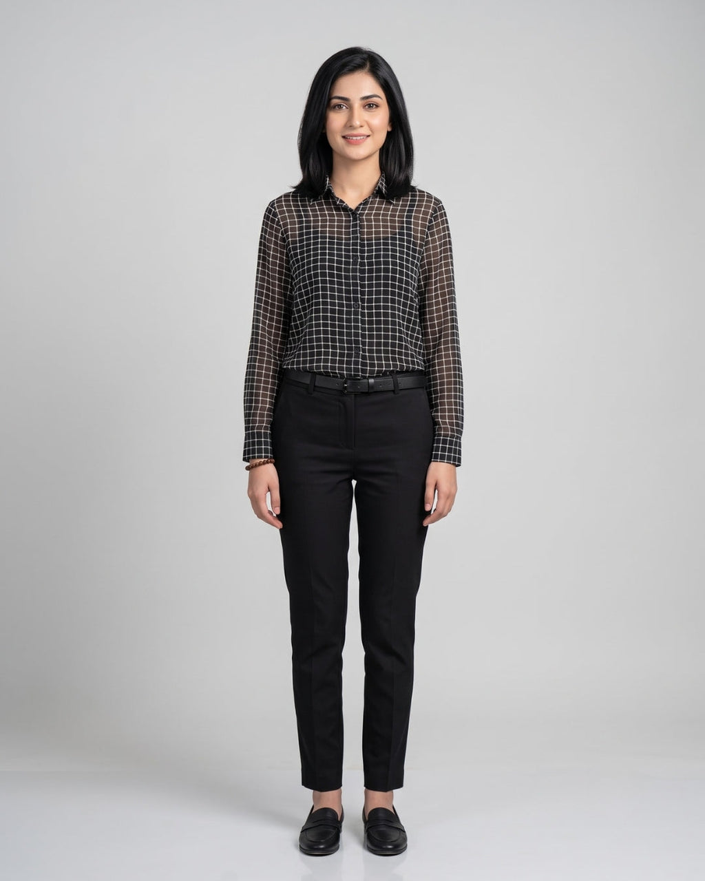 Grid Pattern Button-Down Blouse