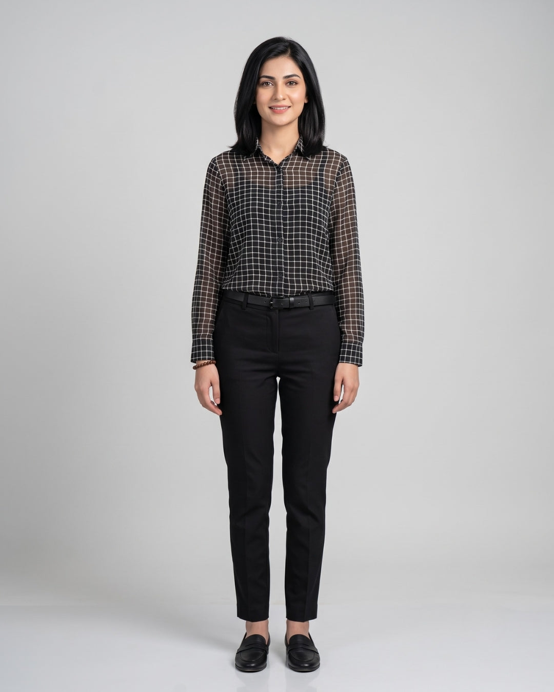 Grid Pattern Button-Down Blouse