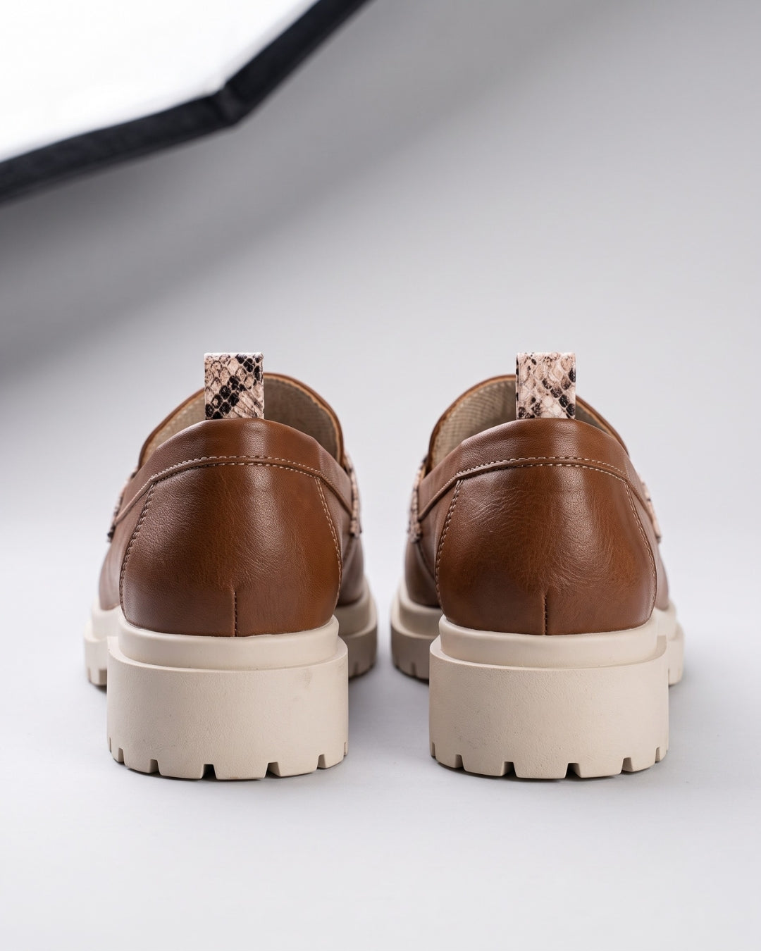 Tan Chunky Snake-Trim Loafers