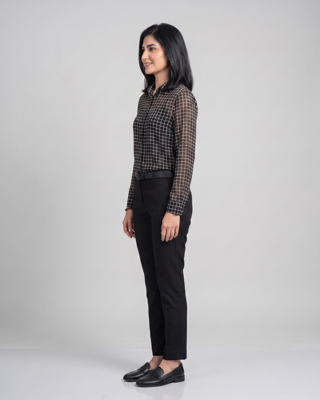 Grid Pattern Button-Down Blouse