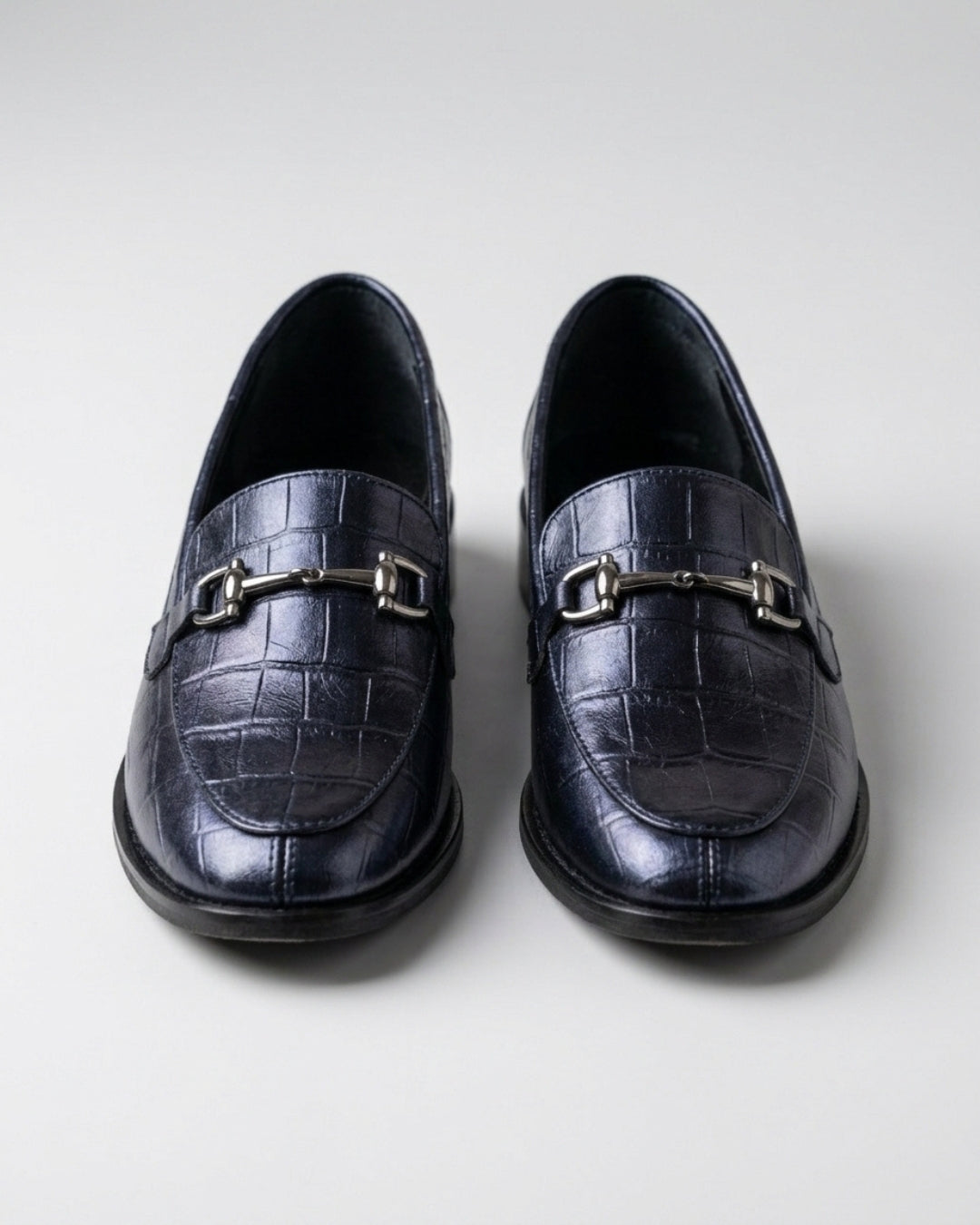 Metallic Navy Croc-Embossed Loafers